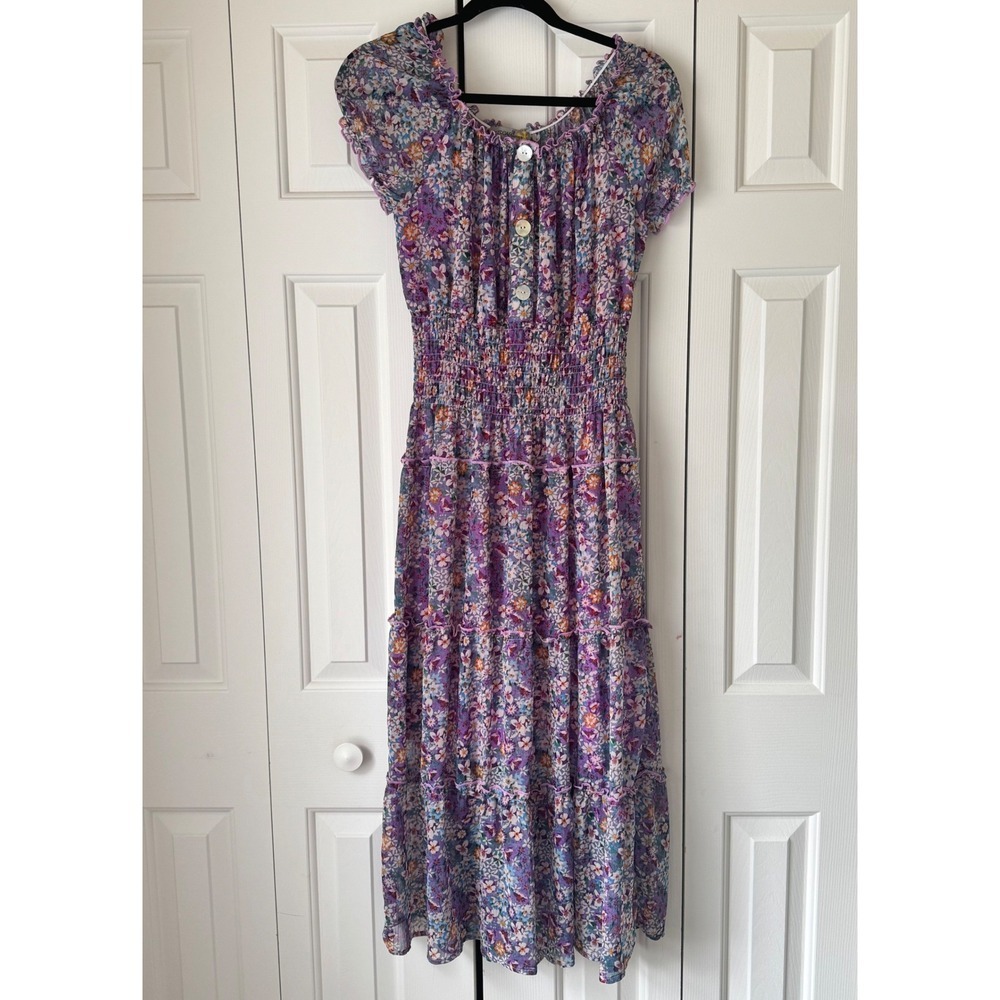Figueroa & Flower Purple Floral Smocked Waist Tiered Midi Dress Womens Small